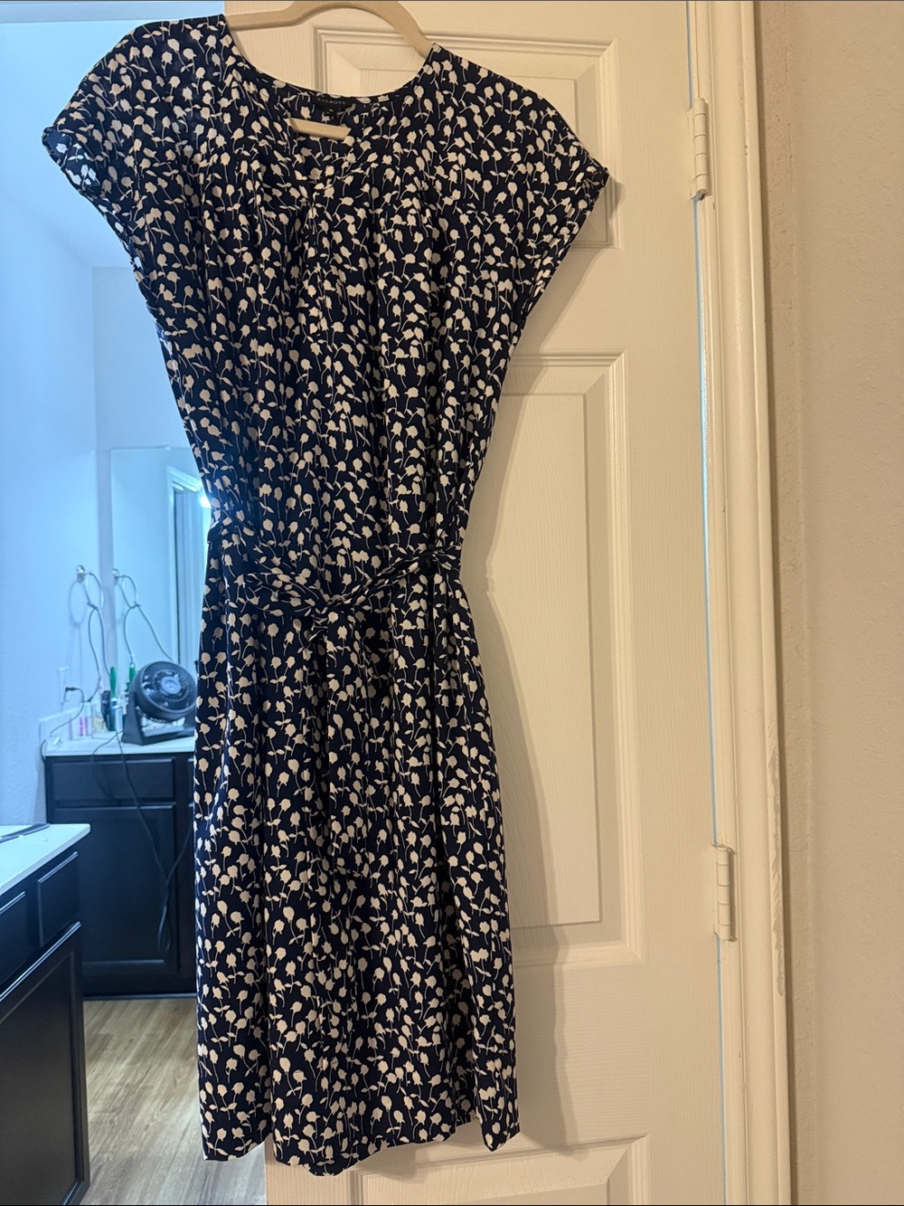 Talbots Navy and White Floral Tie-Waist Dress